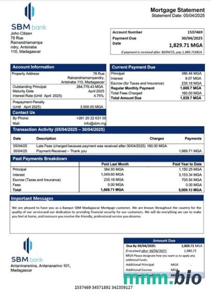 Madagaskar Banque SBM Madagascar wyciąg z kredytu hipotecznego szablon Word i PDF